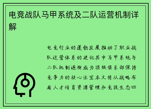 电竞战队马甲系统及二队运营机制详解